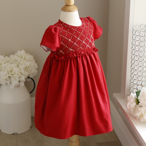 Red Smocked Dress Size 2T Embroidery Luli & Me Short Sleeve Boutique Portrait - Picture 1 of 5